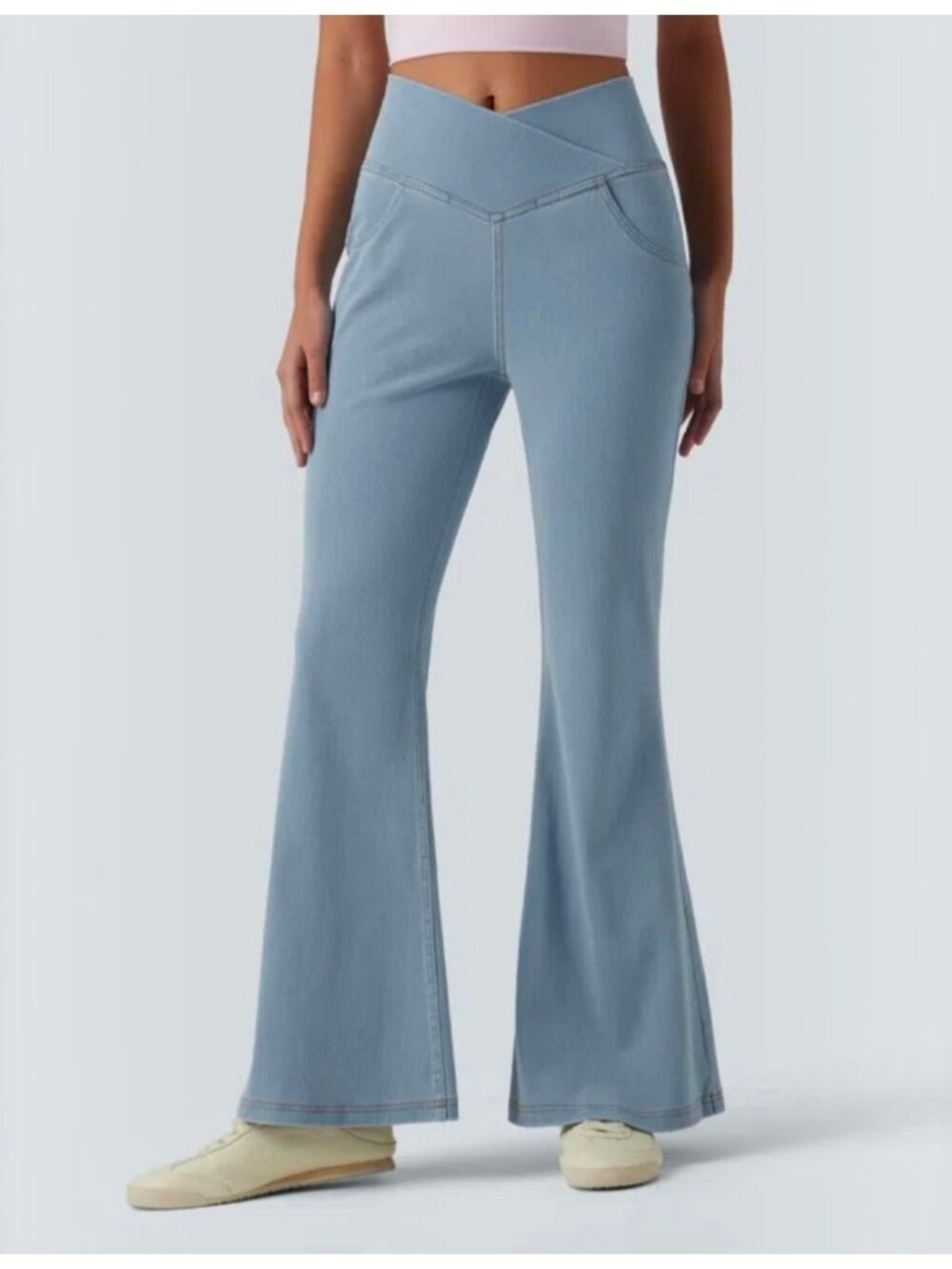 NWT Halara Womens Large Petite LP High Waisted Crossover Flare Blue Jeans 053